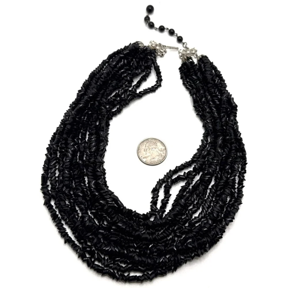 Vintage Black Multi Strand Glass Chip Bead Choker Necklace Runway Statement 18